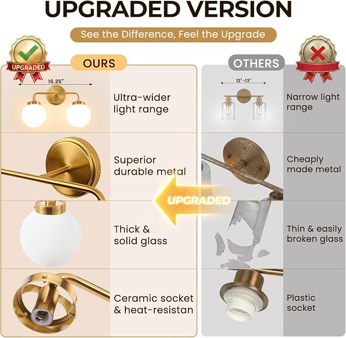 Modern Brushed Gold Vanity Lights for Bathroom, Mid Century 2 Light Bathroom Vanity Light with Globe Milky White Glass Shade Over Mirror, Brass Wall Sconce for Bathroom Hallway Living Room Bedroom