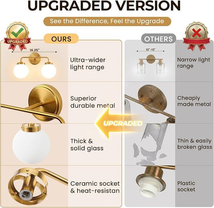 Modern Brushed Gold Vanity Lights for Bathroom, Mid Century 2 Light Bathroom Vanity Light with Globe Milky White Glass Shade Over Mirror, Brass Wall Sconce for Bathroom Hallway Living Room Bedroom