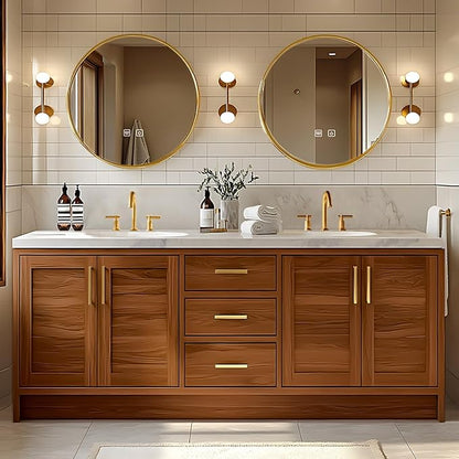 80IN Bathroom Vanity - Retro Bathroom Vanity with Double Sinks Includes Round Mirror & Wood Grain Cabinets|Retro Log Style,Exquisite Handle,LED Smart Defogging Mirror
