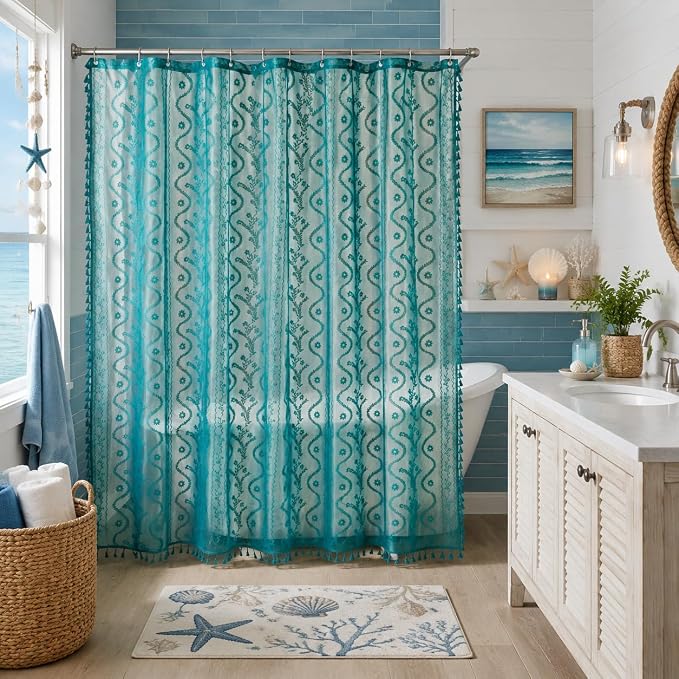 WAZZIO Teal Lace Shower Curtain for Bathroom 72" W x 84" L, Victorian Farmhouse Floral Pattern Tassel Fancy Shower Curtain Boho Washable Cloth Decorative Bath Curtains,1 Panel,Turquoise