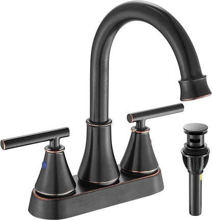 Bathroom Sink Faucet 4 Inch 2 Handle Centerset Oil Rubbed Bronze Lead-Free Modern Bathroom Faucet Vanity Faucet with Pop-up Drain Stopper and Supply Hoses