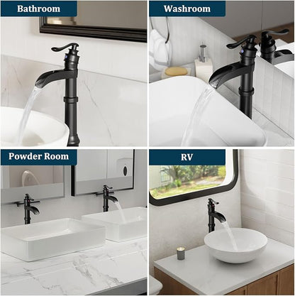 Matte Black Vessel Sink Faucet Brass Tall Waterfall Bathroom Faucet | Bathroom Sink Faucets Single Handle with Pop Up Drain Without Overflow and Supply Hoses Mixer Tap Deck Mount by BATHLAVISH