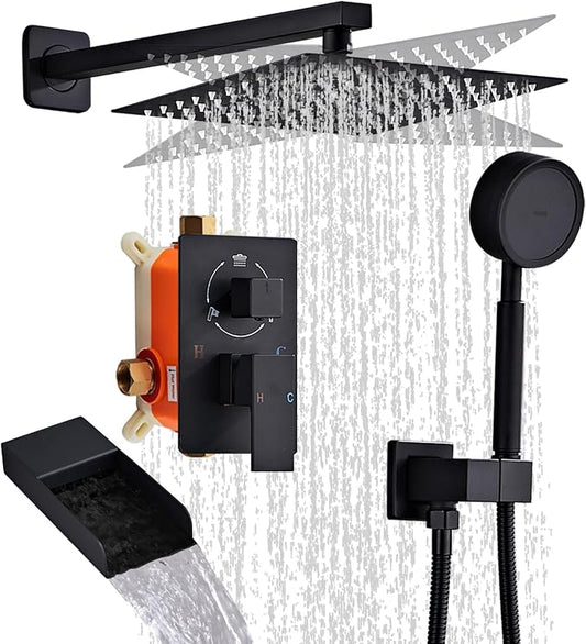 Matte Black Shower Tub Faucet Set, Wall Mounted 8 Inch | Shower Heads with Handheld Spray Combo and Tub Shower Faucet, Luxury Bathroom Square Rain Shower System
