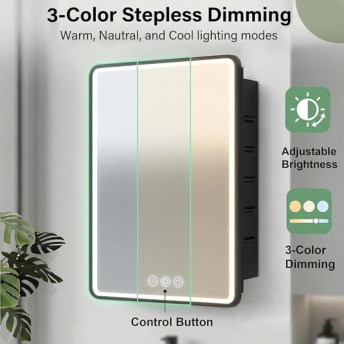 LED Medicine Cabinet Mirror for Bathroom 20x26 Inch, Recessed Medicine Cabinets with Lights, Anti-Fog Bathroom Mirror with Storage, Black Metal Frame, Adjustable Shelves, 3 Color Dimming