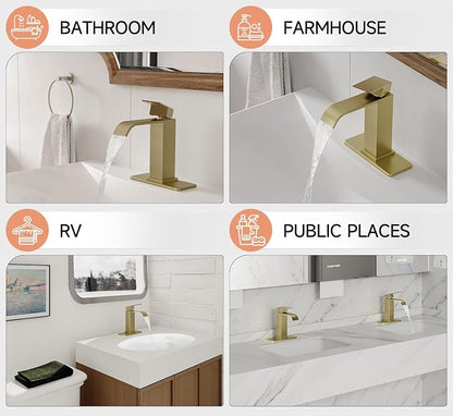 Brushed Gold Bathroom Faucets Evolvegoods Modern Waterfall Bathroom Faucet | Single Handle 1 or 3 Hole Bathroom Sink Faucet RV Mixer Tap Vanity Faucet with Deck Plate Pop-up Drain and Supply Lines