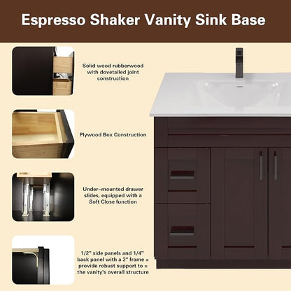 36" Espresso Shaker Bathroom Vanity Base – Ready-to-Assemble Sink Cabinet with Drawers, Freestanding Bathroom Vanity Base Only, No Top or Sink