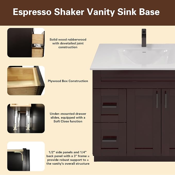 36" Espresso Shaker Bathroom Vanity Base – Ready-to-Assemble Sink Cabinet with Drawers, Shaker Style Storage, Base Only, No Top or Sink