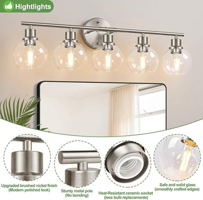 Indoi 5-Light Bathroom Light Fixtures, Brushed Nickel Vanity Light with Clear Glass Globe Shades, Modern Bathroom Wall Sconce Lighting for Mirror, Kitchen, Hallway, Bedroom