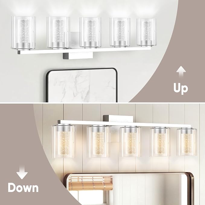 LED Modern Bathroom Light Fixtures Over Mirror, 5-Light Brushed Nickel Vanity Lights with 5 Color Modes, Dimmable Bathroom Vanity Light with Crystal Bubble Glass, 2700K-6500K Adjustable, ETL