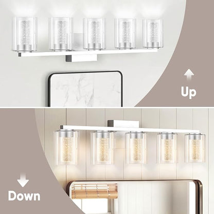 LED Modern Bathroom Light Fixtures Over Mirror, 5-Light Brushed Nickel Vanity Lights with 5 Color Modes, Dimmable Bathroom Vanity Light with Crystal Bubble Glass, 2700K-6500K Adjustable, ETL