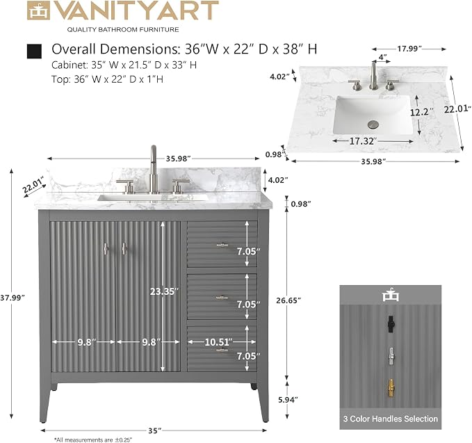 Vanity Art 36 inch Bathroom Vanity with Single Sink & Ceramic Top, Vanity Cabinet with Soft-Closing Door, Solid Wood Frame, Linear Pattern, Cashmere Gray, VA9136-G-MB,Matte Black Handles