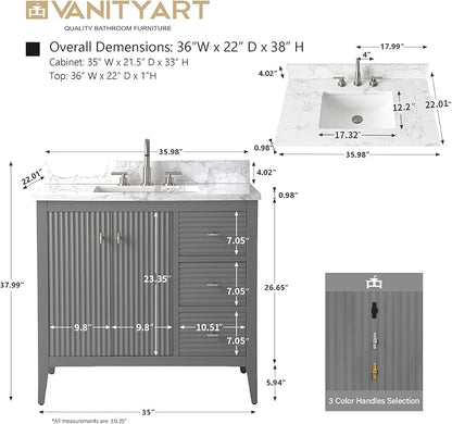 Vanity Art 36 inch Bathroom Vanity with Single Sink & Ceramic Top, Vanity Cabinet with Soft-Closing Door, Solid Wood Frame, Linear Pattern, Cashmere Gray, VA9136-G-MB,Matte Black Handles
