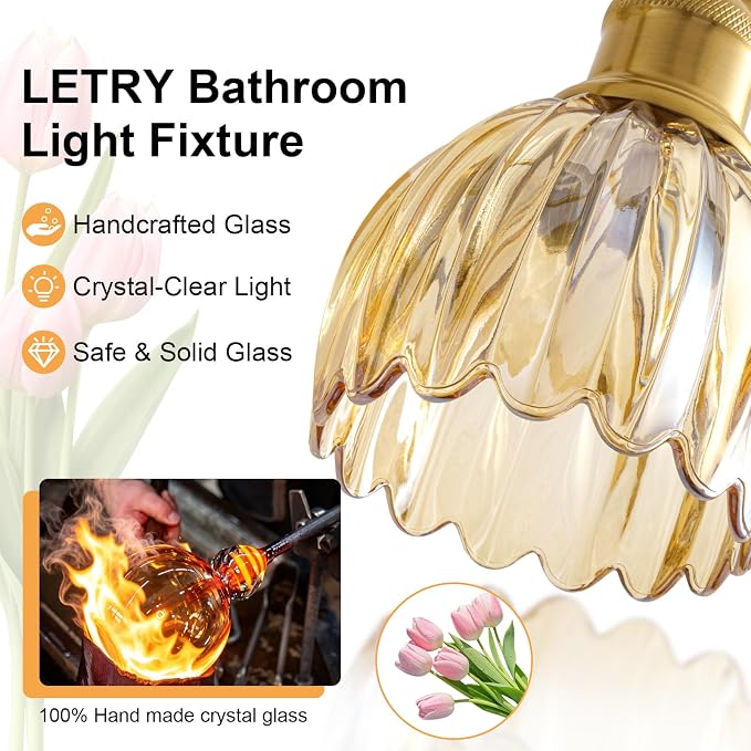 Bathroom Light Fixtures, 5-Light Brushed Gold Vanity Lights for Bathroom with Amber Tulip Glass Shade, 30" Vintage Bathroom Vanity Lighting Fixtures Over Mirror for Bedroom Living Room Hallway