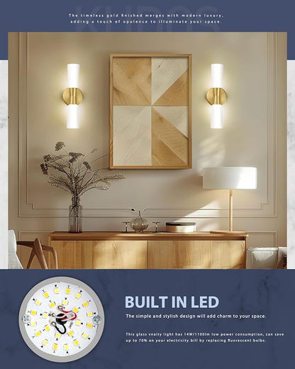 kudos 16 Inch Brushed Gold Vanity Light, Milk White Glass, 3CCT, KDVL13-GD | LED, 14W, 1100 Lumens, 3000K, 4000K and 5000K Selectable, Hardwired,for Bathrooms and Bedrooms