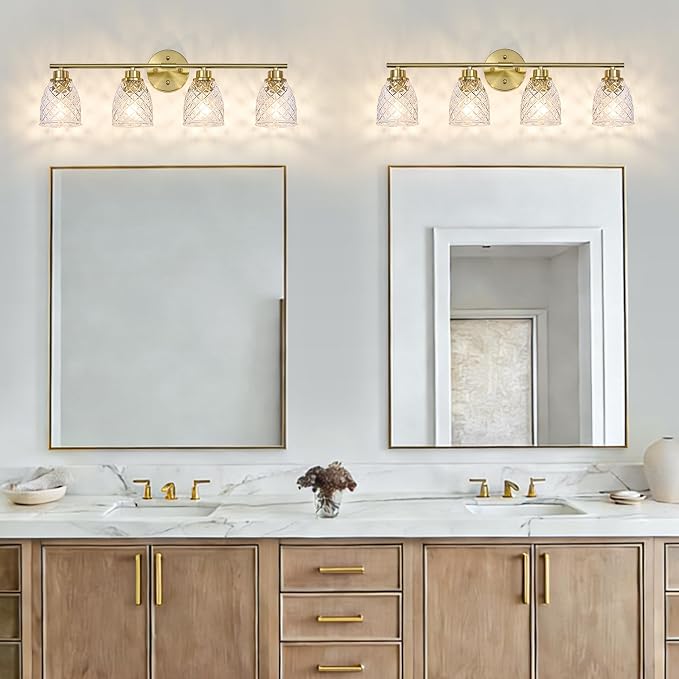 4-Light Vanity Light Over Mirror, Brushed Gold Bathroom Light Fixtures | Modern Farmhouse Wall Sconces with Hammered Glass Lampshade for Kitchen Hallway Bedroom Living Room Cabinet Porch-27.5IN