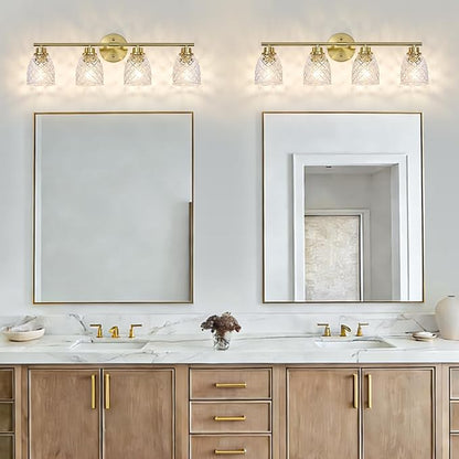 4-Light Vanity Light Over Mirror, Brushed Gold Bathroom Light Fixtures | Modern Farmhouse Wall Sconces with Hammered Glass Lampshade for Kitchen Hallway Bedroom Living Room Cabinet Porch-27.5IN