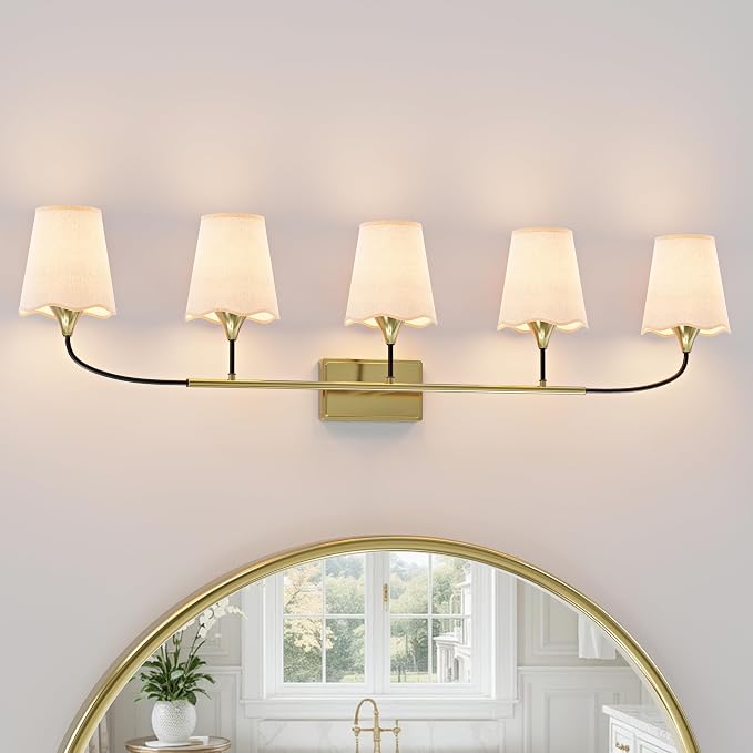 Morauroral Bathroom Light Fixtures Over Mirror, 5 Light Vanity Light for Bathroom, Black Gold Vanity Light Fixtures with Fabric Linen Shade, E26 Socket Sconce Wall Decor(ETL Listed)