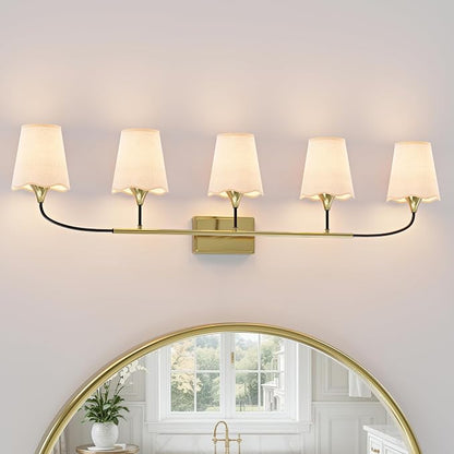 Morauroral Bathroom Light Fixtures Over Mirror, 5 Light Vanity Light for Bathroom, Black Gold Vanity Light Fixtures with Fabric Linen Shade, E26 Socket Sconce Wall Decor(ETL Listed)