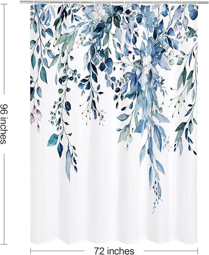 Blue Eucalyptus Shower Curtain, Watercolor Floral Print, 72x96 | Watercolor Plant Leaves Floral Print, Extra Long Waterproof Fabric Bathroom Decor, Machine Washable, Rustproof Grommets