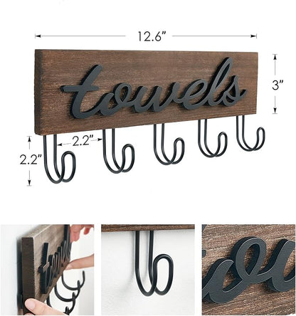 Mkono Wall Mounted Towel Rack, 5 Hooks Rustic Wood Bathroom Towel Hanger | Farmhouse Decor, Space Saving, Decorative Letter Design, Easy Install, Sturdy, Hang Bathrobe clothes, Shower Accessories