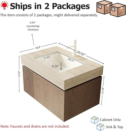Ambrovina 30" Floating Bathroom Vanity with Sink, Modern Wall Mounted Storage Vanities with Drawer and Door, Roma Travertine Countertop and Ceramic Basin, Pre-Assembled Cabinet, Light Brown