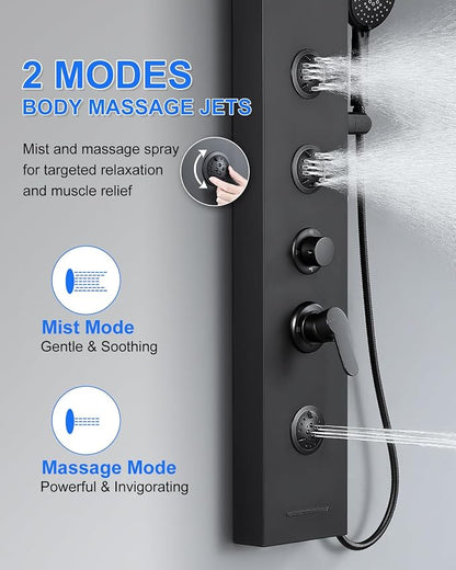 Rainfall Shower Panel Tower - 5 in 1 Full Body Shower, Matte Black | Stainless Steel Shower Column with 2 Powerful Body Jets, Handheld and Tub Spout, Brass Valves, Adjustable Shower Head