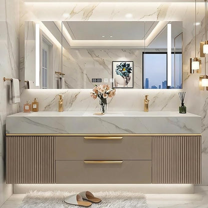 68 Inch Floating Bathroom Vanity with Double Sink, Khaki | Smart LED Defog Medicine Cabinet, Sintered Stone Countertop, Solid Wood, 2 Soft-Close Doors & Drawers, Khaki