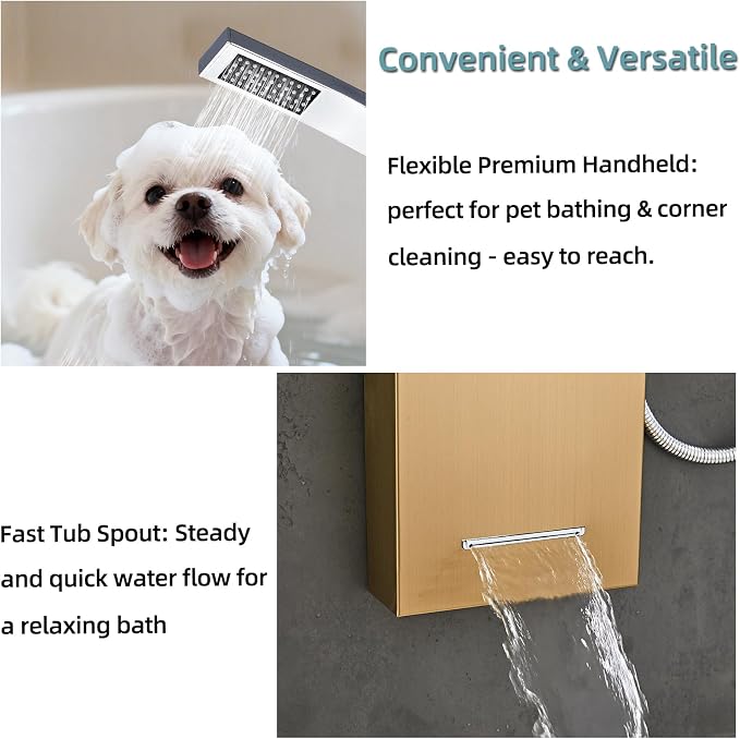 5-In-1Shower Panel Tower System-Brushed Gold | 304 stainless steel Shower Panel Column Tower With Powerful Body Jets,Body Spray,Rainfall,Waterfall,Handheld And Tub Spout
