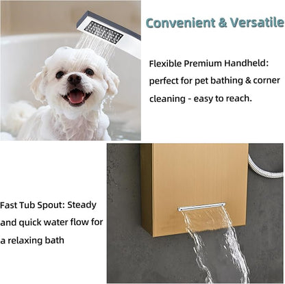 5-In-1Shower Panel Tower System-Brushed Gold | 304 stainless steel Shower Panel Column Tower With Powerful Body Jets,Body Spray,Rainfall,Waterfall,Handheld And Tub Spout