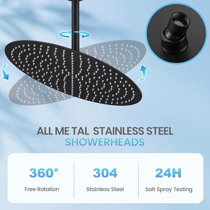 16 inch Matte Black Round Ceiling Rainfall Shower Head, All Metal Stainless Steel 304, Full Body Rainfall Shower with 230 Silicone Nozzles