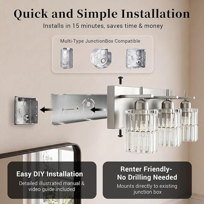 OCIOC Brushed Nickel Bathroom Light Fixtures, 3-Lights Bathroom Vanity Light with Glass Shades, Modern Vanity Lights for Mirror, Wall Lights for Living Room, Hallway, Kitchen, E26 Base