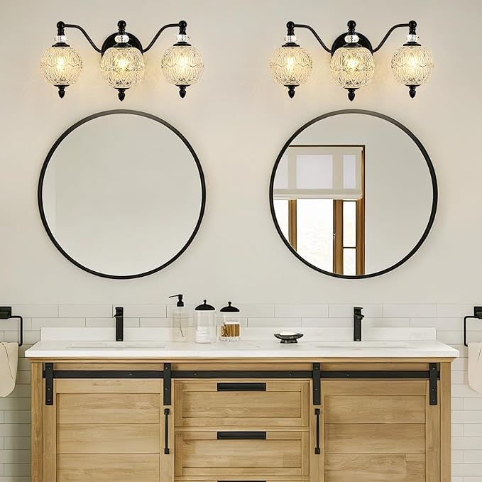 Matte Black Bathroom Vanity Light, 3-Light Mid Century Farmhouse Wall Sconce with Globe Glass Shades, Retro Mirror Light for Bathroom, Powder Room