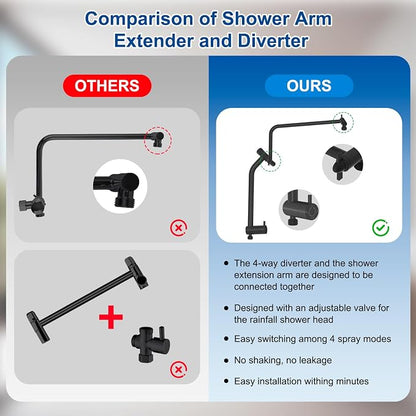 Metal 12" Rain Showerhead with 10-Spray Handheld, Easy Reach 4-way Diverter | Matte Black Finish, Upgraded High Pressure Shower Head with Pause Mode, 71" Stainless Steel Hose/12" Extension Arm