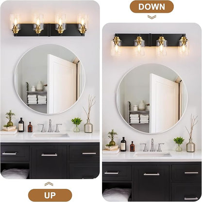 4-Light Black and Gold Bathroom Vanity Light, Clear Glass Shade | 27.5" Wall Mount Over Mirror Lighting Fixtures, Brushed Gold Finish, Durable Metal, Modern Farmhouse Style, for Bathroom