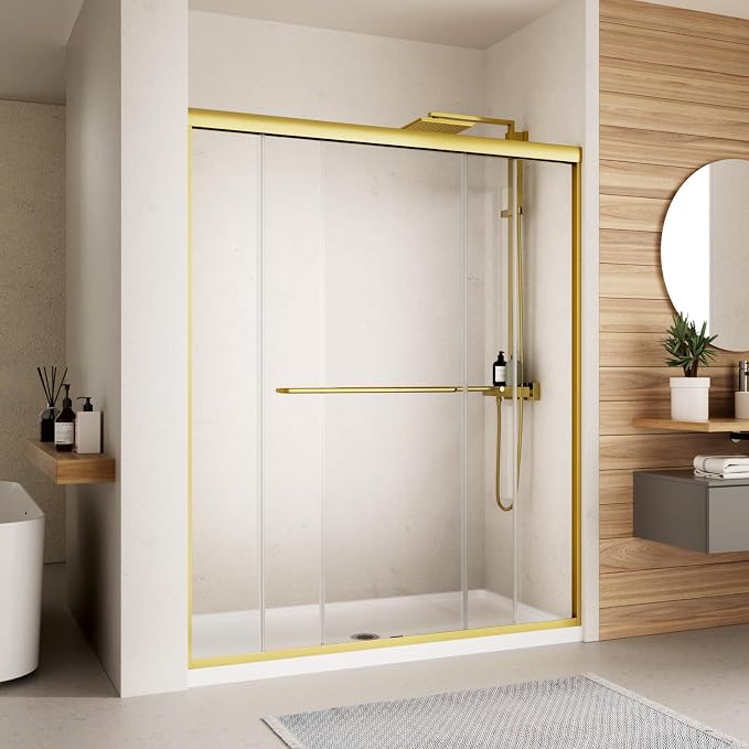 Royal Guard Double Sliding Shower Door,44-48" W x 70" H，Brush Gold | Shower Doors with 6mm Clear SGCC Tempered Glass,Bypass Shower Enclosure,Nano Coating Easy Clean&Waterproof&Adjustable Width