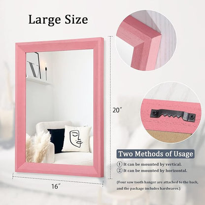 AAZZKANG Rectangle Mirror with Wood Frame Modern Farmhouse Wall Mirrors Decor Large 20"x16" for Bedroom Bathroom Living Room Pink