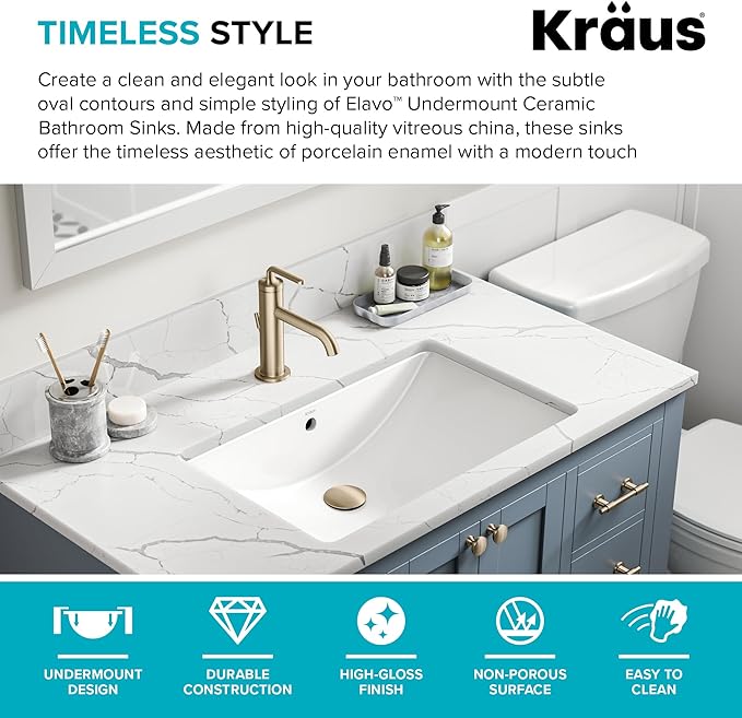 KRAUS Elavo 23 in. Rectangular Porcelain Ceramic Undermount Bathroom Sink in White with Overflow Drain, KCU-243