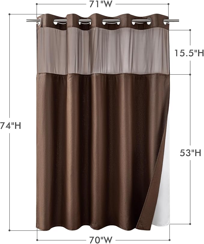 No Hook Shower Curtain with Snap-in Liner, Embossed Waffle Design Fabric Shower Curtain for Bathroom, Soft & Lightweight, 71x74, Chocolate