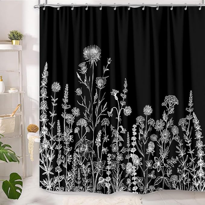 Vintage Black and White Boho Shower Curtain, Black and White Dark Floral Aesthetic Dark Wildflower Botanical Flowers Shower Curtain for Bathroom with Hook,Farmhouse Plant Art Chic Shower Curtain 72X84