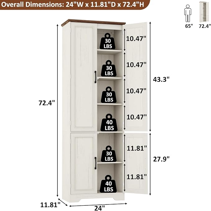 Function Home 72" Kitchen Pantry Cabinet, Tall Wood Farmhouse Storage Cabinet with Doors and Adjustable Shelves, 6 Tier Freestanding Cupboard for Kitchen Dining Living Room Bathroom, Antique White