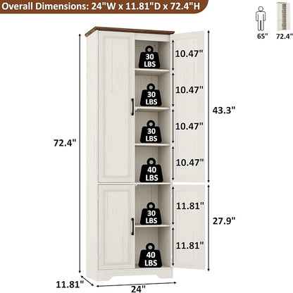 Function Home 72" Kitchen Pantry Cabinet, Tall Wood Farmhouse Storage Cabinet with Doors and Adjustable Shelves, 6 Tier Freestanding Cupboard for Kitchen Dining Living Room Bathroom, Antique White