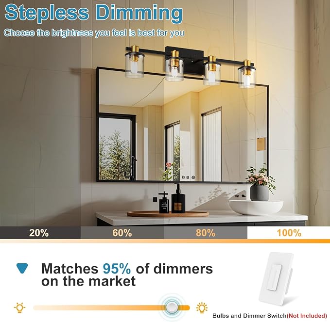Lightdot 4 Light Bathroom Vanity Light, 27.5" Black and Gold Bathroom Light Fixtures with Glass Waterproof Shades, Rust-Proof Modern Vanity Lights Over Mirror for Kitchen Hallway Cabinet Porch