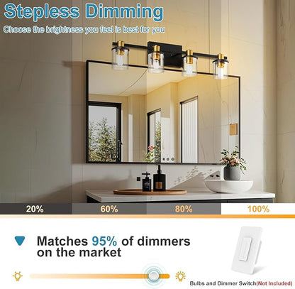 Lightdot 4 Light Bathroom Vanity Light, 27.5" Black and Gold Bathroom Light Fixtures with Glass Waterproof Shades, Rust-Proof Modern Vanity Lights Over Mirror for Kitchen Hallway Cabinet Porch