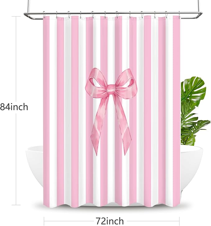 Tititex Cute Candy Cane Striped Pink Bow 140gsm Faux Linen Fabric Shower Curtain, Elegant Classic Shower Curtain Sets Decoration 72x72 Inch with Hooks