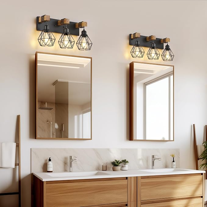 VbiTmn Bathroom Light Fixtures,3 Light Black Farmhouse Wood Vanity Lights | Rustic Design, Diamond Metal Shades, Easy to Install, Wall Sconces for Bathroom, Bedroom, Makeup Area, Over Vanity Mirror