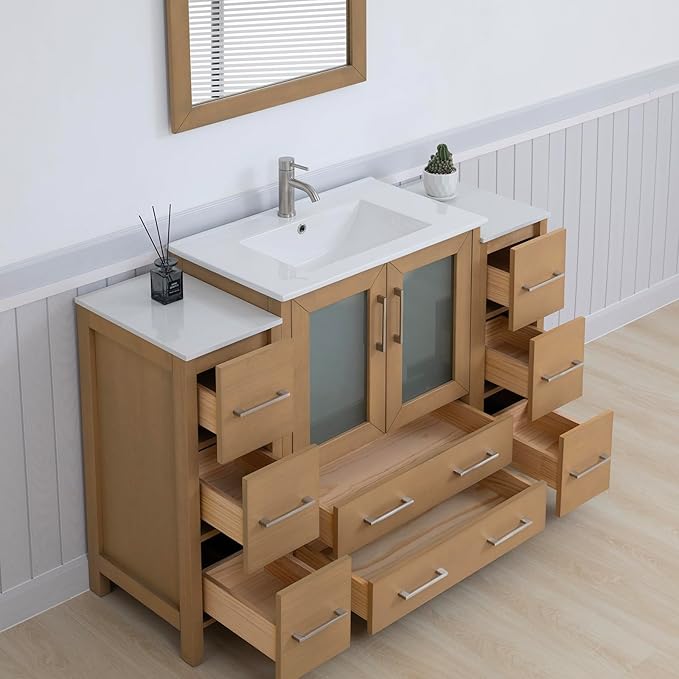 Vanity Art 54 Inch Under Mount Single Sink Bathroom Vanity Cabinet with 1 Mirror, Ceramic Top Bathroom Cabinet Compact Set with 8 Dovetail Storage Drawers and Brushed Nickel Handles, VA3030-54-NO