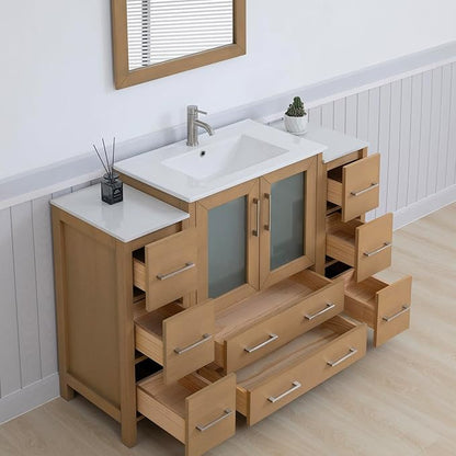 Vanity Art 54 Inch Under Mount Single Sink Bathroom Vanity Cabinet with 1 Mirror, Ceramic Top Bathroom Cabinet Compact Set with 8 Dovetail Storage Drawers and Brushed Nickel Handles, VA3030-54-NO