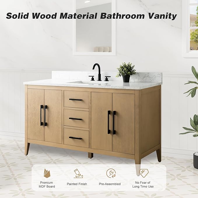 HomeBeyond 60 Inch Bathroom Vanity with Sink & Ceramic Top, Single Vanity Cabinet with Basin, Soft-Closing Doors & Matte Black Hardware, Natural Oak