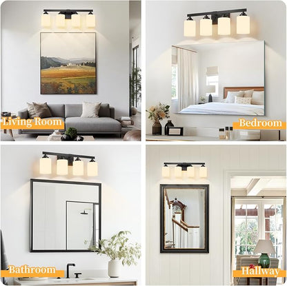 Bathroom Light Fixtures, Vanity Light Over Mirror Black 4-Light Fixture | Modern bathroom vanity light fixture with metal frame, ideal for mirrors, bedrooms and hallways. Fits E26 bulbs.