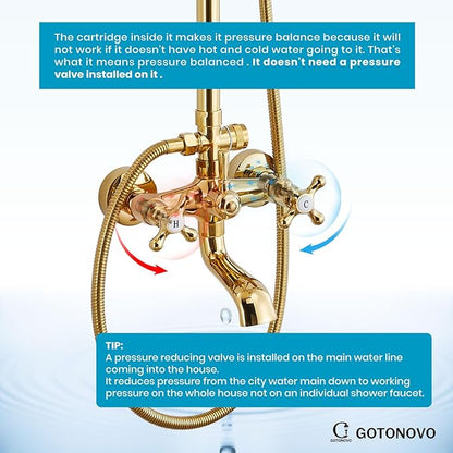 gotonovo Exposed Shower Faucet Set 8 Inch Rainfall Showerhead 3-Function Shower Fixture with Tub Spout 2 Corss Handles Shower System, Polish Gold